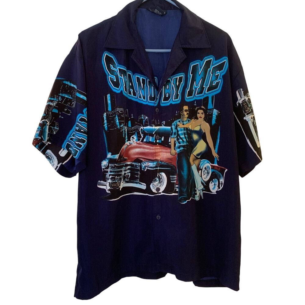 Vtg Jupiter Stand By Me Lowrider All Over Print Car Graphic Camp Button Up Shirt